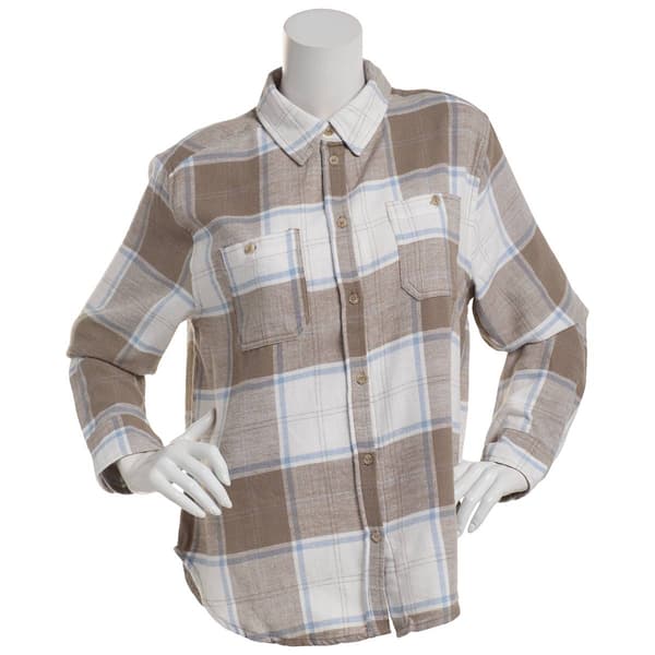Juniors Love Tree Boyfriend Slim Plaid Flannel Casual Button Down - image 