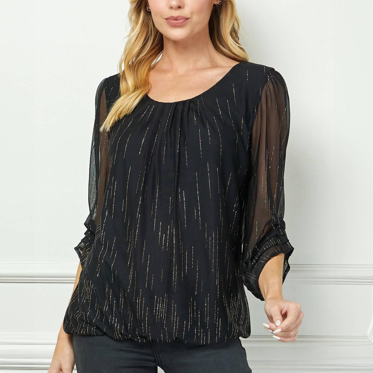 Womens Sara Michelle 3/4 Ruch Sleeve Rain Glitter Blouse