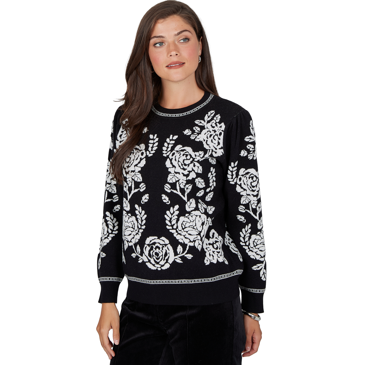 Womens Ruby Rd. Mysterious Romance Floral Jacquard Sweater