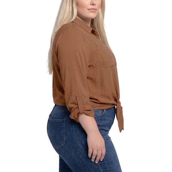 Plus Size NY Collection Roll Tab Sleeve Solid Tie Front Blouse