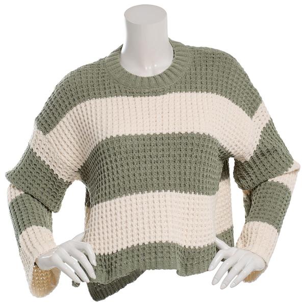 Juniors Pink Rose Matte Chenille Waffle Stripe Step Hem Sweater - image 