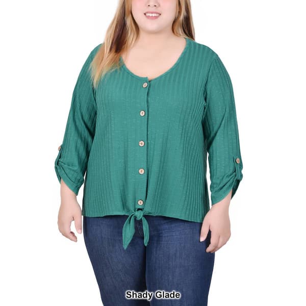 Plus Size NY Collection Solid Button Front Rib Tie Top