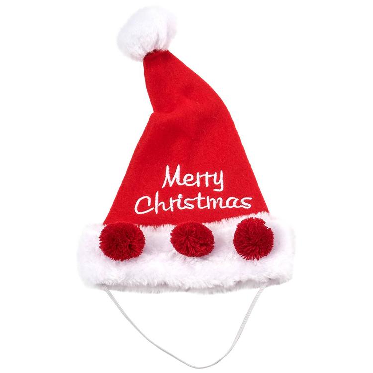 Merry Christmas Fleece Santa Pet Hat with Pom Poms