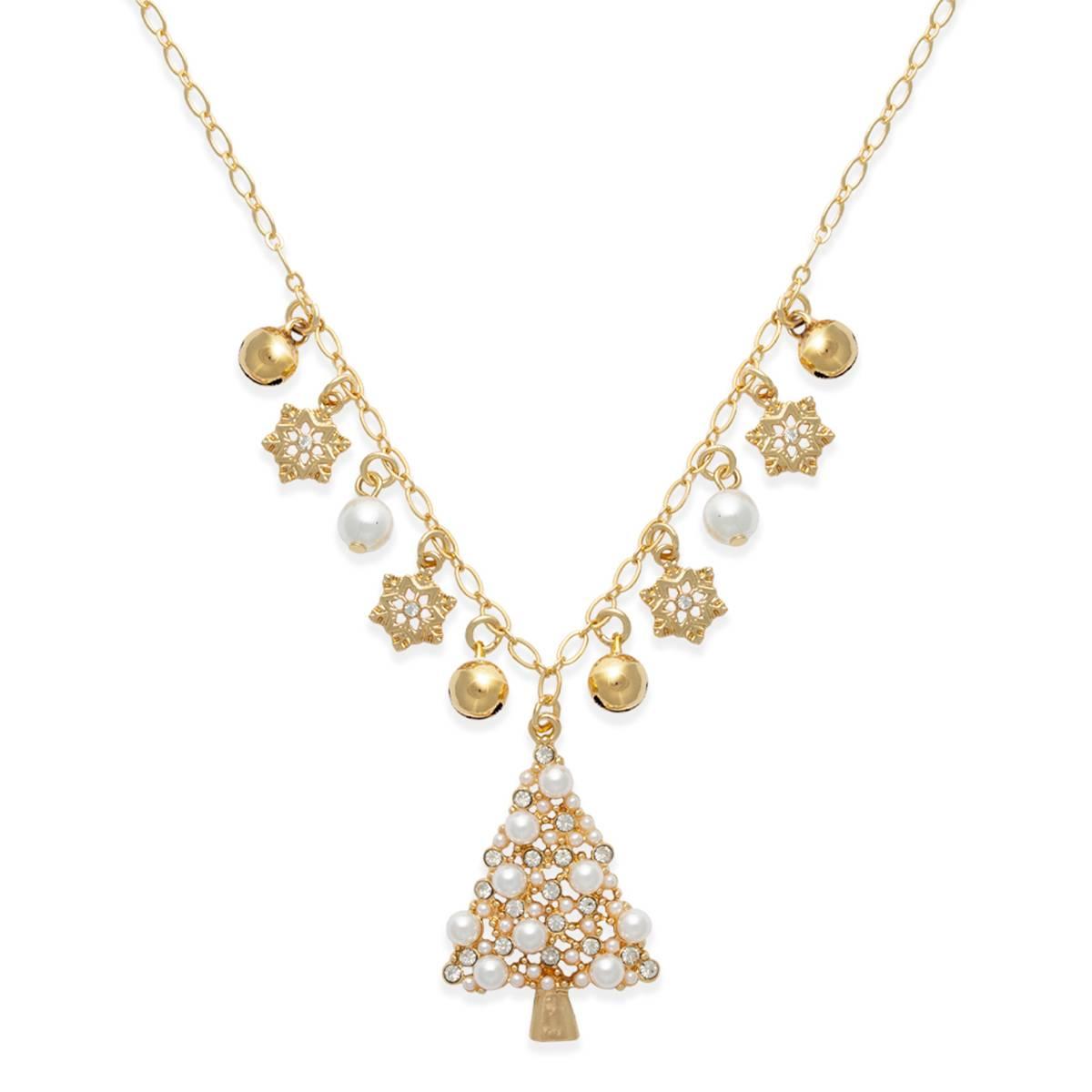 Gold-Tone And Pearl Charm Pendant Necklace