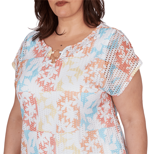 Plus Size Hearts of Palm Fun in the Sun Cap Sleeve Eyelet Blouse