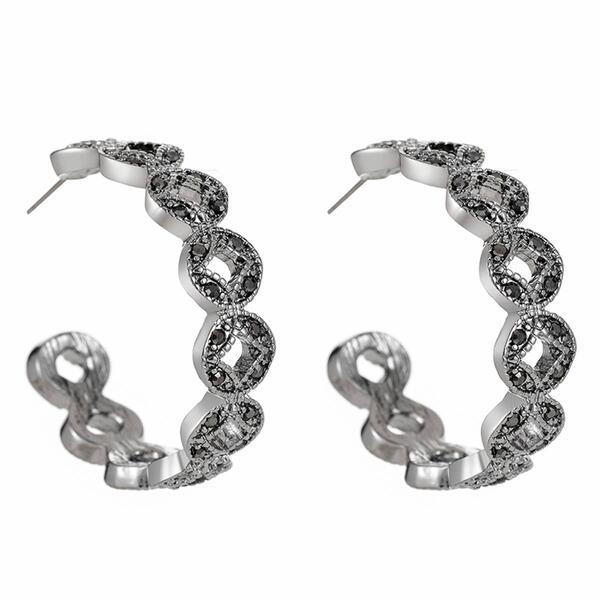 Roman Silver-Tone Hematite Marcasite Filigree Hoop Earrings - image 