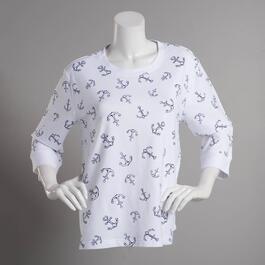 Plus Size Bonnie Evans Anchors Print 3/4 Sleeve French Terry Tee