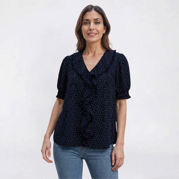 Womens Adrianna Papell Cascade Ruffle Mini Shuffle Dot Blouse - image 