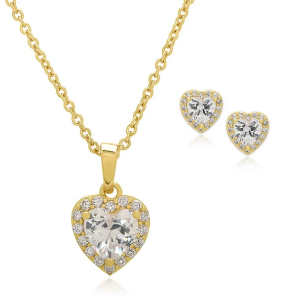 2pc. Gold Plated & CZ Heart Halo Earrings & Pendant Set - image 