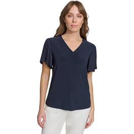 Womens Tommy Hilfiger Short Pleated Sleeve Crew Neck Top