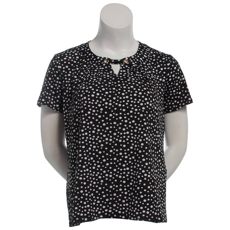 Plus Size Notations Short Sleeve Dot Keyhole Blouse