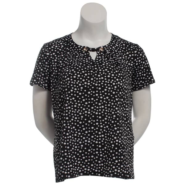Plus Size Notations Short Sleeve Dot Keyhole Blouse