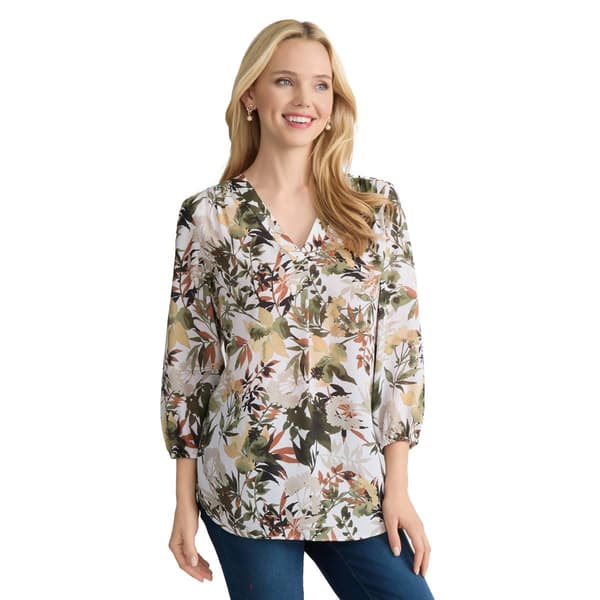 Womens Jones New York 3/4 Sleeve Floral Leaf Blouse