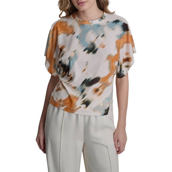 Womens DKNY Short Dolman Sleeve Sunburst Floral Top
