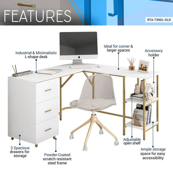 Techni Mobili L-Shape Home Office Two-Tone Desk w/ Storage