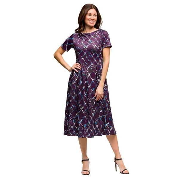 Women 24/7 Comfort Apparel Purple Pleated Flare Midi Pocket Dress