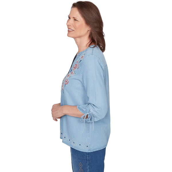 Petite Alfred Dunner Austin Floral Denim Tie Sleeve Blouse