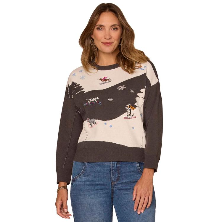 Womens Democracy Long Sleeve Skiing Dogs Sweater