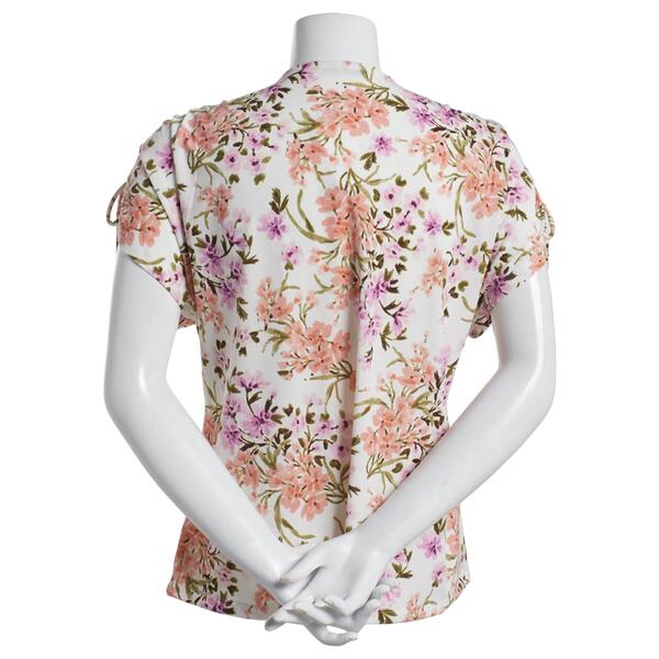 Womens Cure Ruched Sleeve Knit Crepe Floral Split Neck Top
