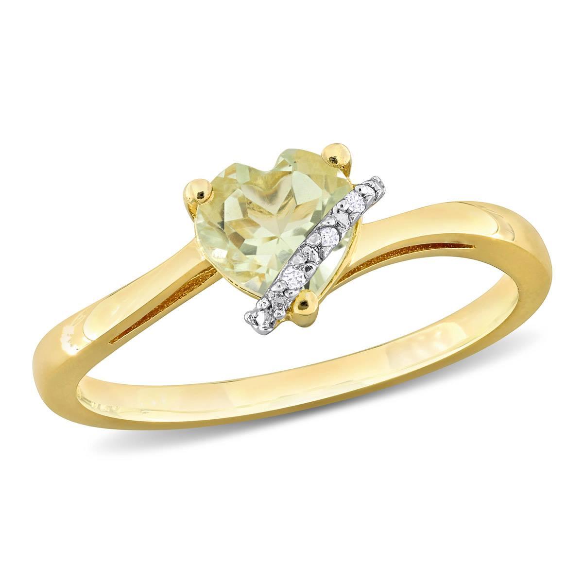 Gold Plated Sterling Silver Green Quartz & Diamond Heart Ring