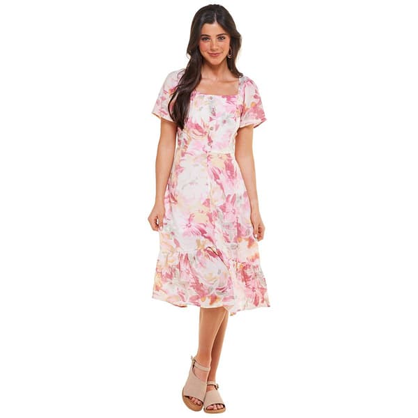 Womens Luxology Short Sleeve Print Ruffle Hem Midi Dress - image 