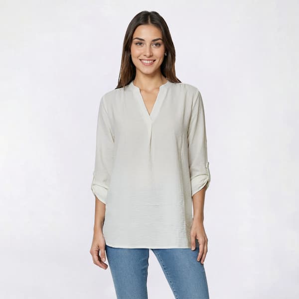 Womens Floral & Ivy 3/4 Roll Tab Sleeve Solid Invert Pleat Blouse - image 