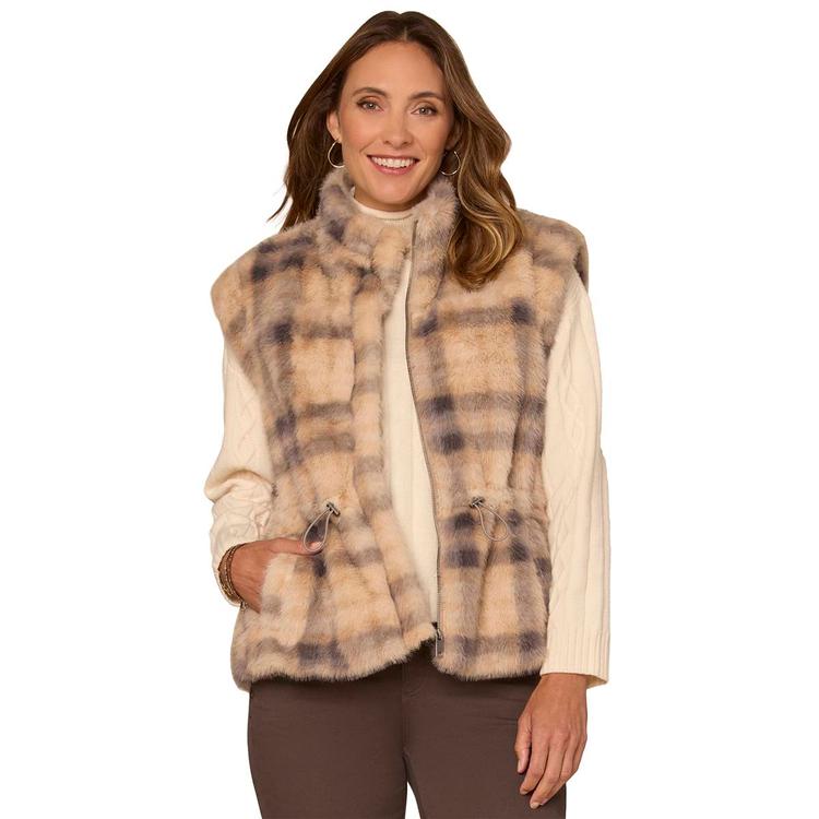 Womens Democracy Funnel Neck Zip Front Plaid Faux Fur Vest