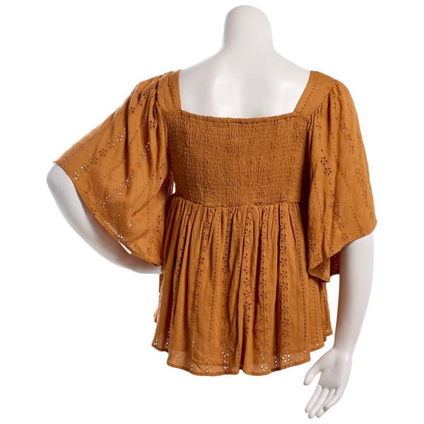 Juniors Plus Solid Eyelet Square Neck Smock Bodice Top