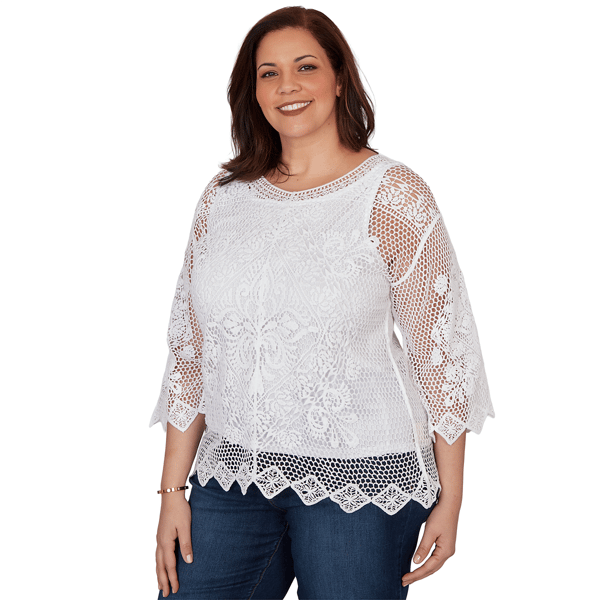 Plus Size Ruby Rd. French Riviera 3/4 Sleeve Open Crochet Blouse