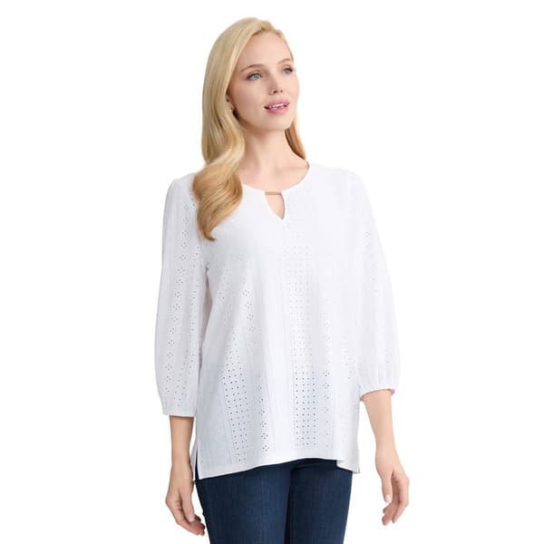 Womens Jones New York 3/4 Sleeve Keyhole Neck Eyelet Blouse
