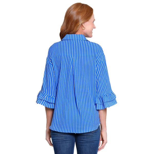 Womens Ali Miles 3/4 Ruffle Sleeve Stripe Button Front Blouse