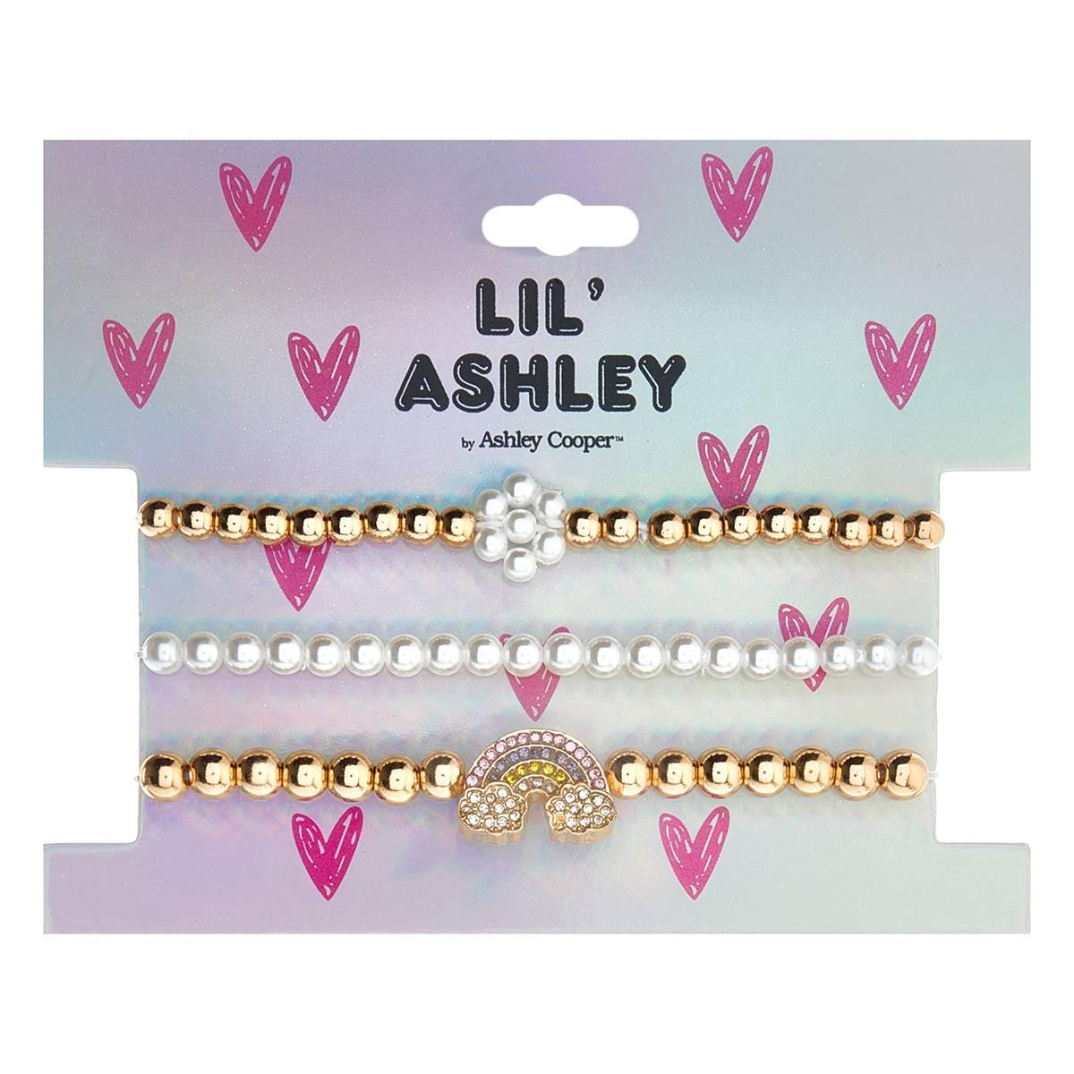 Kids Lil’ Ashley 3pc. Gold-Tone Flower/Pearl/Rainbow Bracelets