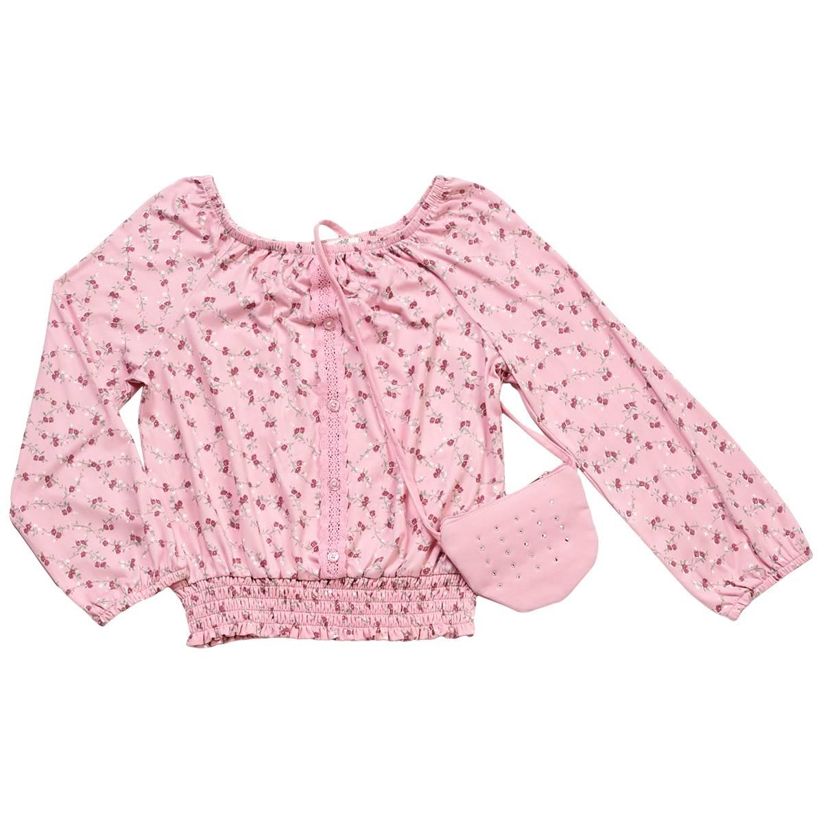 Girls (7-12) BTween(R) Long Sleeve Lace Floral Top w/ Bag - Pink