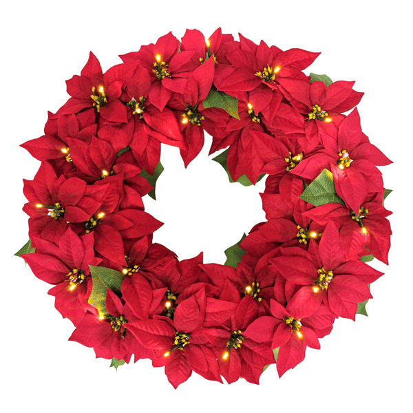 Puleo International 24in. Pre-Lit Red Poinsettia Wreath