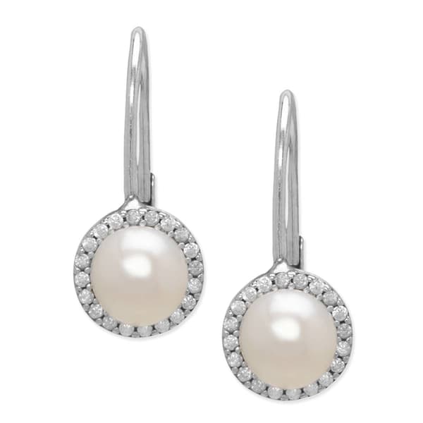 Sterling Silver Pearl Halo Leverback Earrings - image 