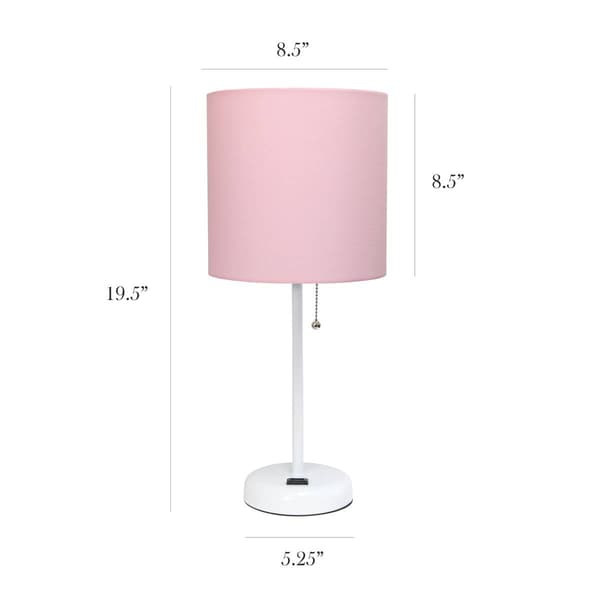 LimeLights White Stick Lamp w/Charging Outlet/Pink Shade-Set of 2