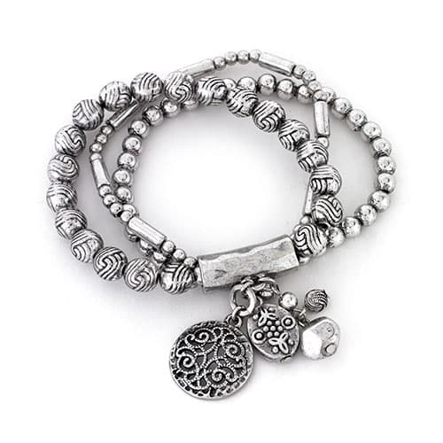 Ruby Rd. 3-Row Silver Ox Beaded Charm Stretch Bracelet