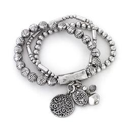 Ruby Rd. 3-Row Silver Ox Beaded Charm Stretch Bracelet