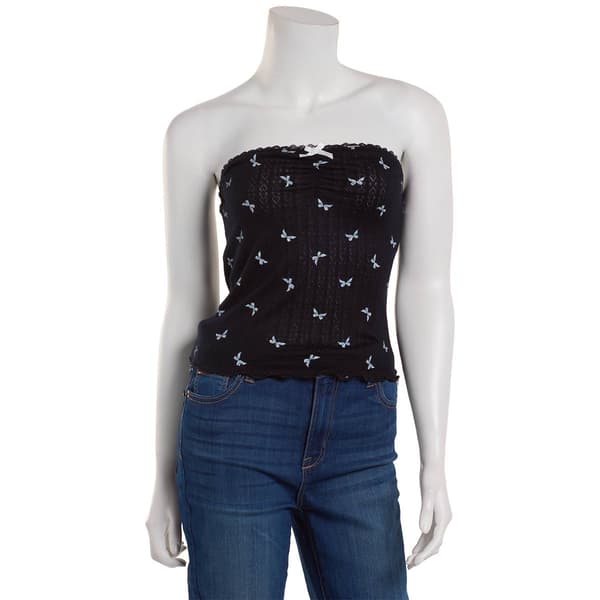 Juniors No Comment Pointelle Bow Tube Top with Lace Trim - image 