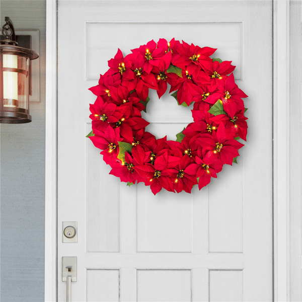 Puleo International 24in. Pre-Lit Red Poinsettia Wreath