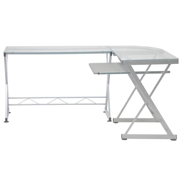 Techni Mobili 62in L-Shaped Glass Computer Desk w/ Keyboard Panel