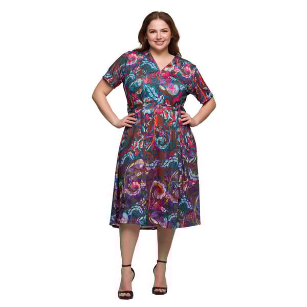 Plus Size 24/7 Comfort Apparel Brown & Pink Tie Waist Midi Dress