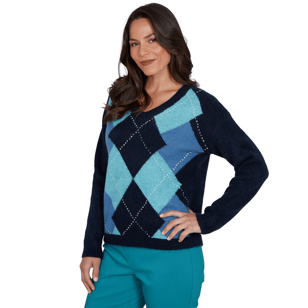 Plus Size Hearts of Palm Autumn Breeze Long Sleeve Argyle Sweater