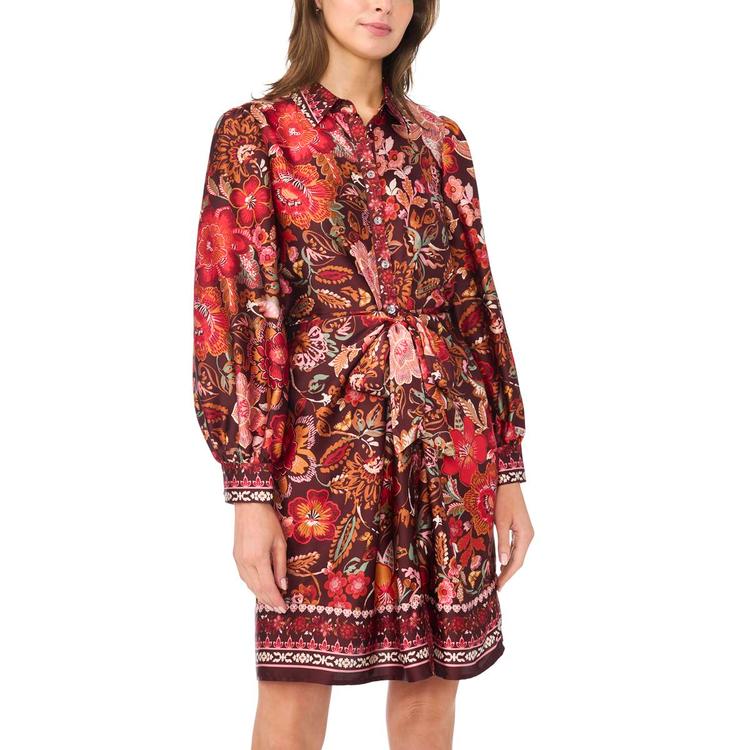 Womens MSK Long Sleeve Print Charmeuse Tie Front Dress