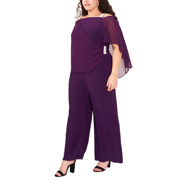 Plus Size MSK Solid Capelet Overlay Rhinestone Trim Jumpsuit