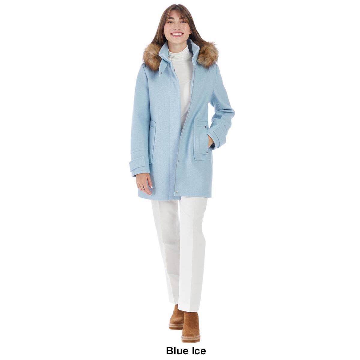 Womens Nine West Faux Wool Duffle w/Faux Fur Trimmed Hood