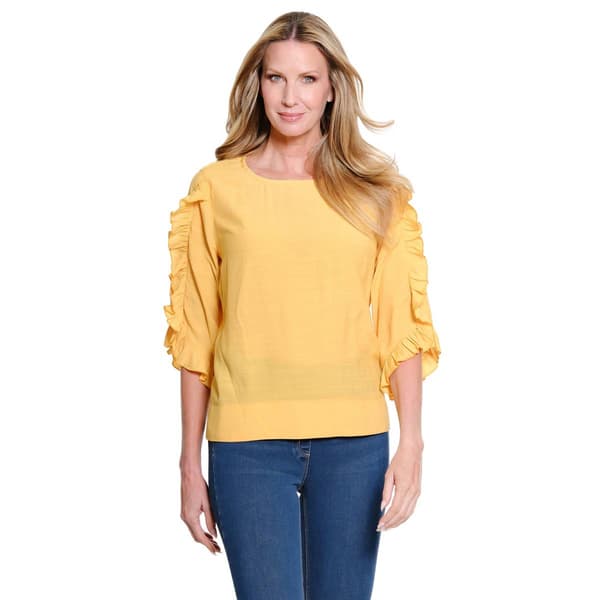 Petites Multiples 3/4 Ruffle Sleeve Scoop Neck Faux Button Blouse - image 