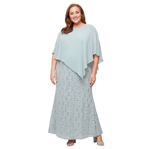 Plus Size SLNY Asymmetric Capelet Overlay Beaded Shoulder Dress