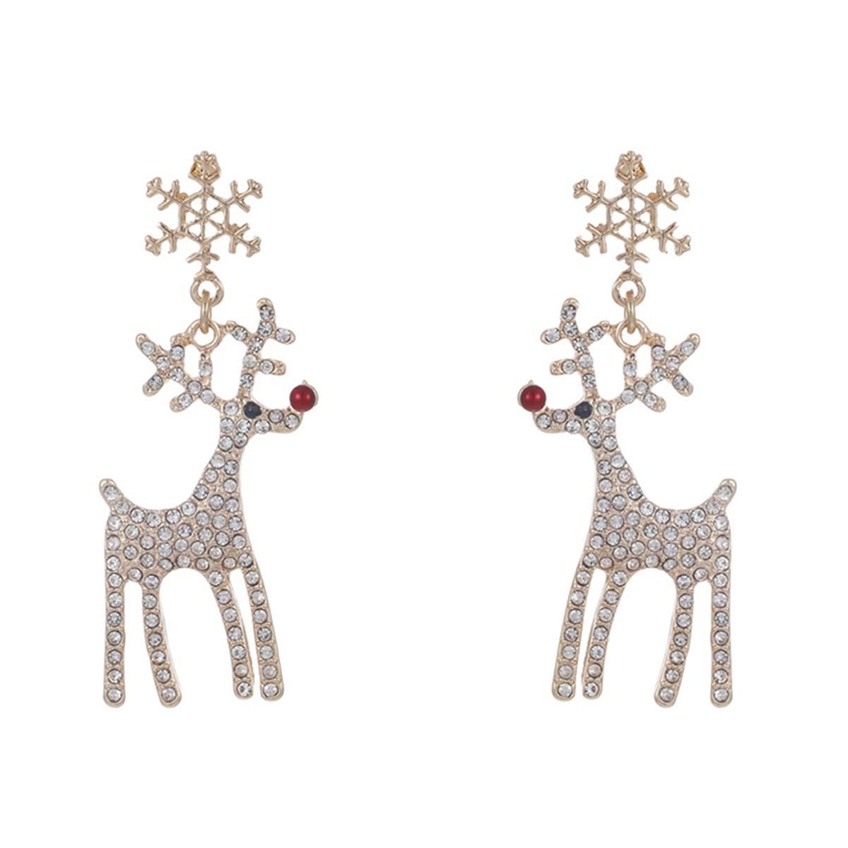 Crystal Reindeer with Red Stone Nose on Gold Snowflake