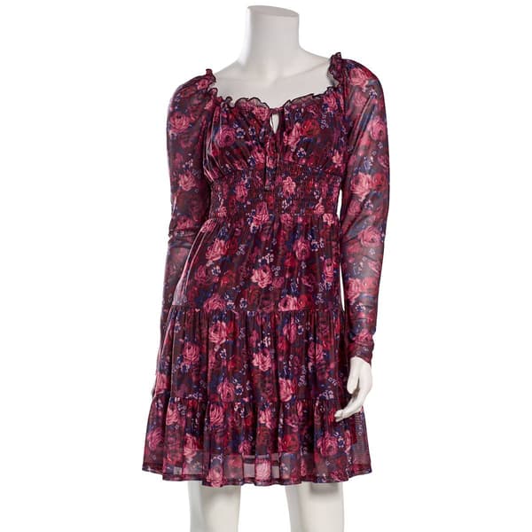 Juniors Jolt Long Sleeve Floral Smock Waist A-Line Dress - image 
